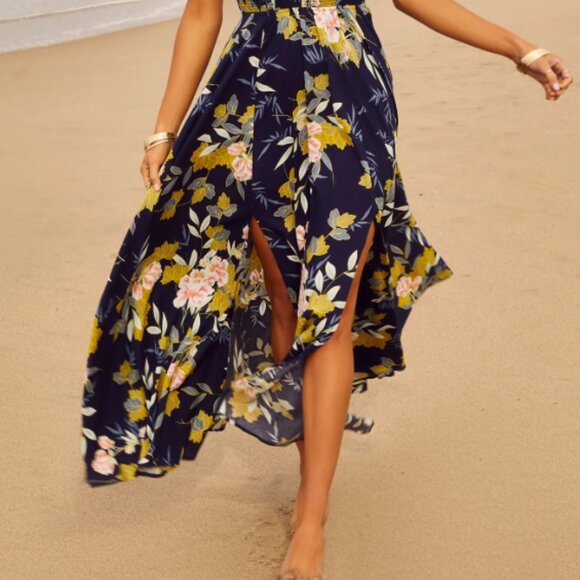 Aakaa Floral Smocked Halter Double Slit Maxi Dress Women's Medium – Navy/Green - Picture 3 of 13